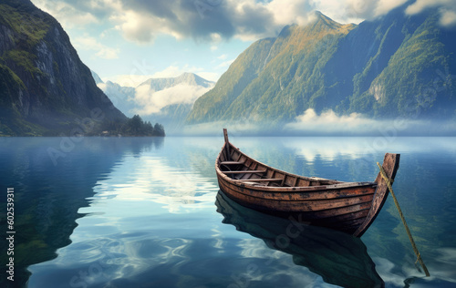 Wooden boat on the calm lake surrounded by majestic mountains, beautiful reflection in the water, Generative AI