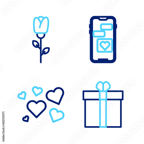 Set line Gift box and heart  Heart  Mobile with and Flower rose icon. Vector