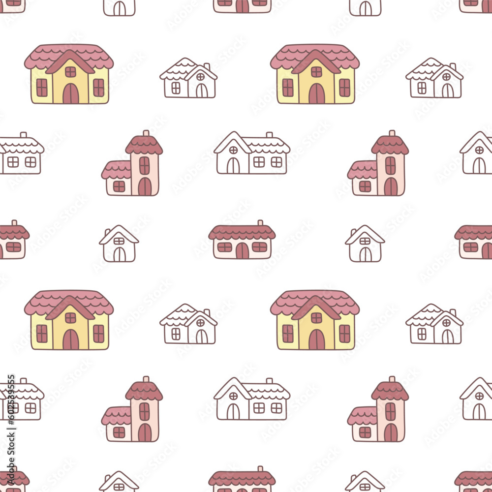 Seamless pattern with cute houses. Endless kawaii background. Doodle art. A simple cute print for baby clothes, wallpaper or bedding. Illustrations for the design of a kids bedroom or nursery.