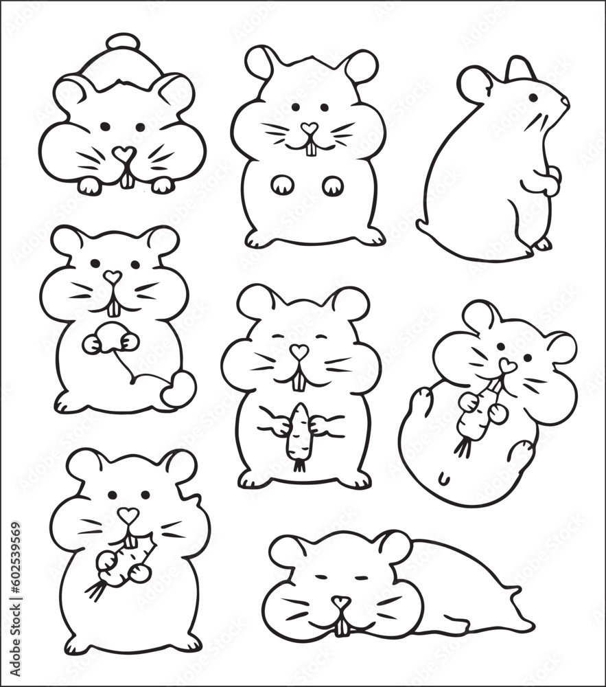 Set of hamsters, different body postures . Cute hamsters pictures in black and white vector illustration. Set of hamsters, different body postures . Cute hamsters pictures in black and white vector illustration.