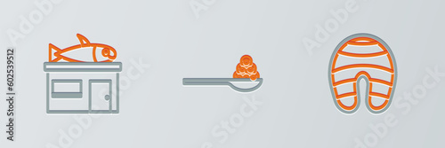 Set line Fish steak, Seafood store and Caviar on spoon icon. Vector