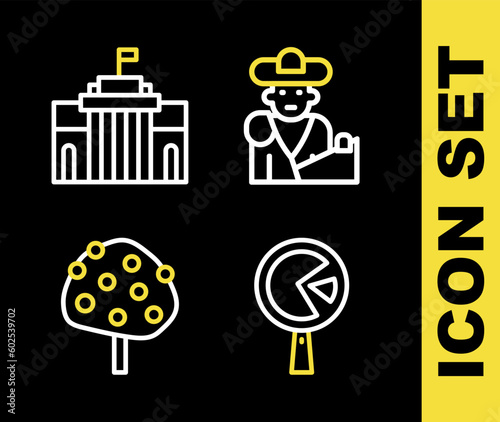 Set line Bullfight, matador, Omelette in frying pan, Orange tree and Prado museum icon. Vector
