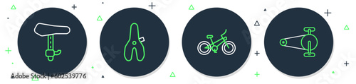 Set line Bicycle seat, and chain with gear icon. Vector
