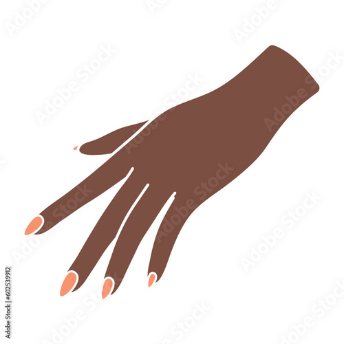 Female hand pose. Arm of a black woman. Reaches for something with the palm down. Hand gesture or sign. Spread fingers. Non-verbal language. Delicate minimalist illustration in boho style.