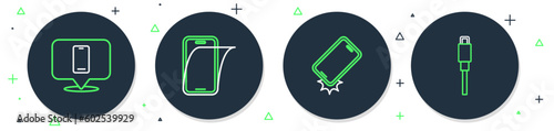 Set line Glass screen protector, Shockproof phone, Phone repair service and USB cable cord icon. Vector