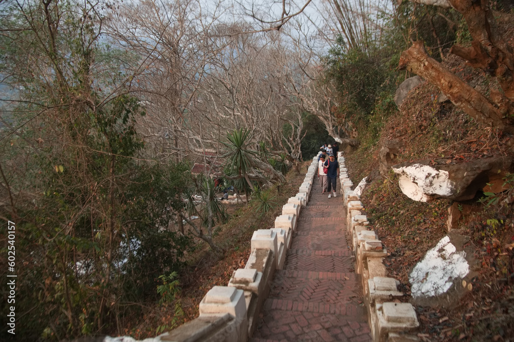 Walkway up to Khao Phu Si View Point which is a famous tourist destination Located in the middle of Luang Prabang city , Laos.