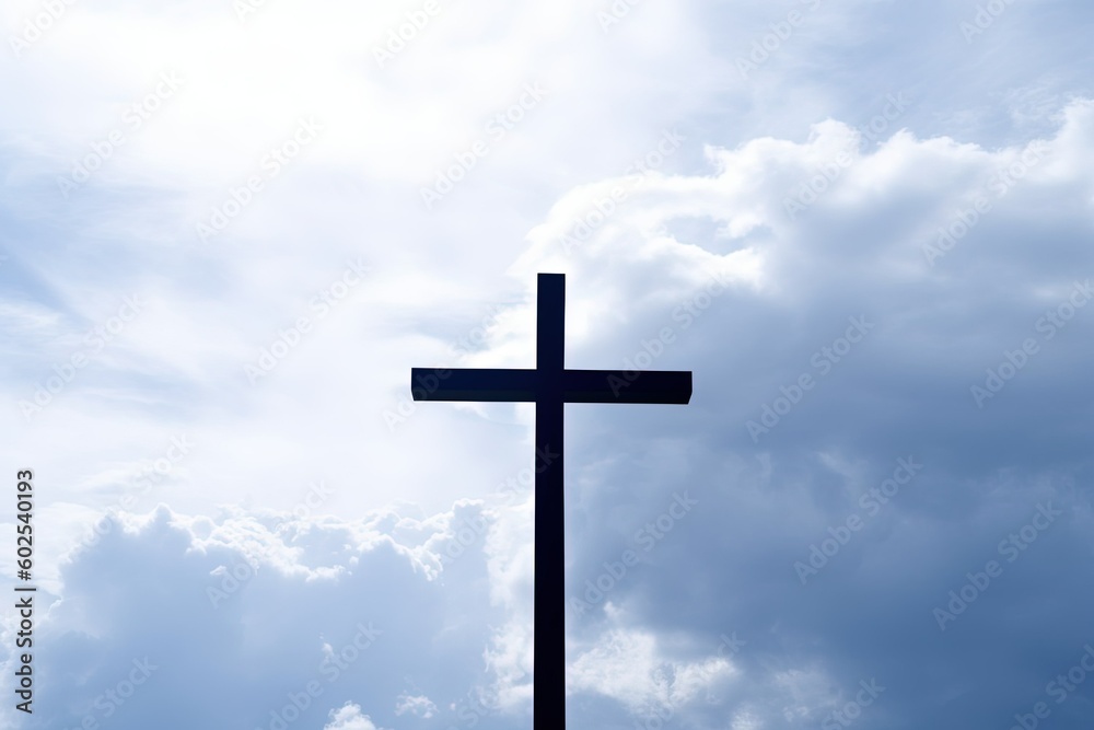cross on the sky, cross on blue sky, silhouette of wooden cross in the sky