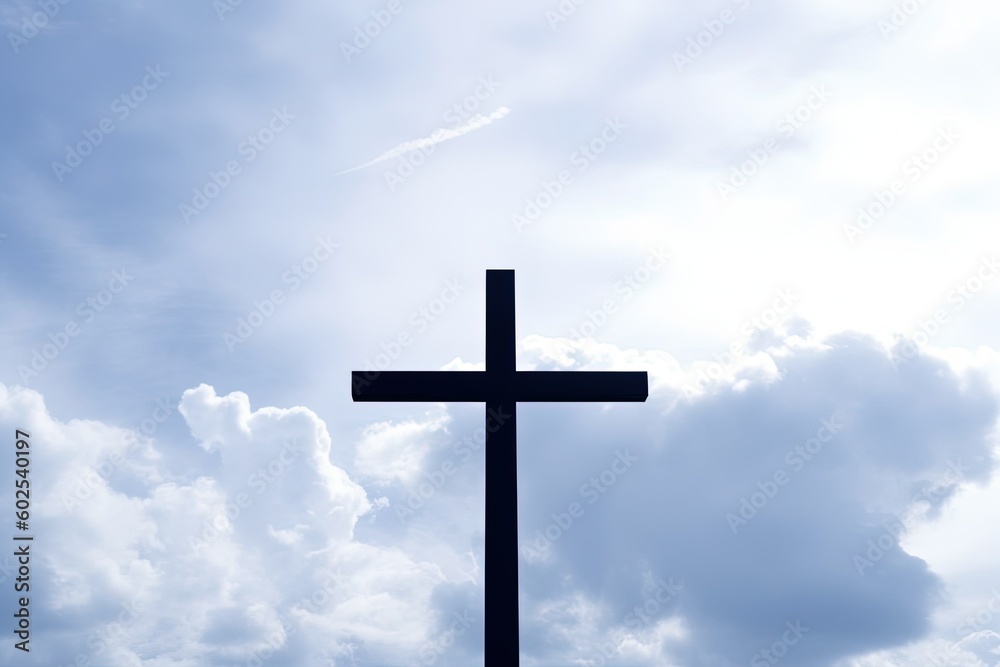cross on blue sky, silhouette of wooden cross in the sky