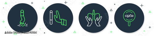 Set line Giving up cigarette, Lungs, Cigarette butt and No smoking icon. Vector