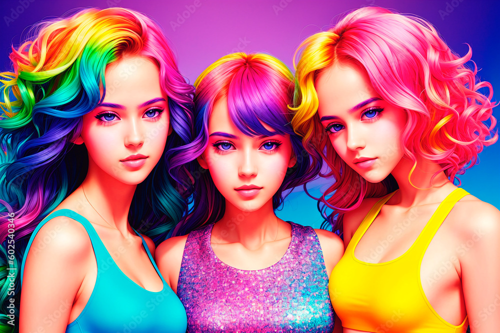 Obraz premium Fashionable portrait of a group of friends of beautiful young women with a bright hairstyle and makeup. Generative AI.