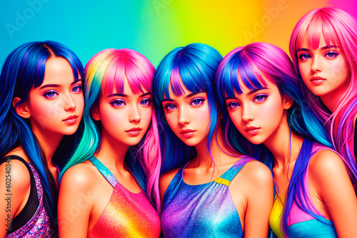 Fashionable portrait of a group of friends of beautiful young women with a bright hairstyle and makeup. Generative AI.