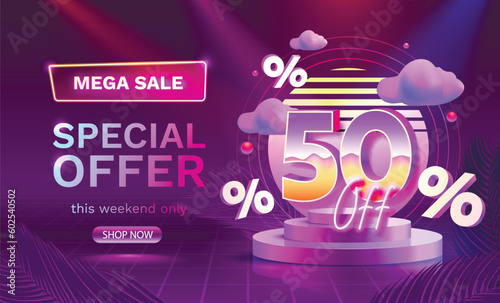 Mega sale special offer, Neon retro way 50 off sale banner. Sign board promotion. Vector illustration