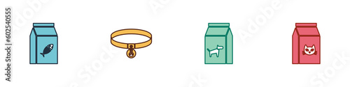 Set Bag of food for cat, Collar with name tag, dog and icon. Vector