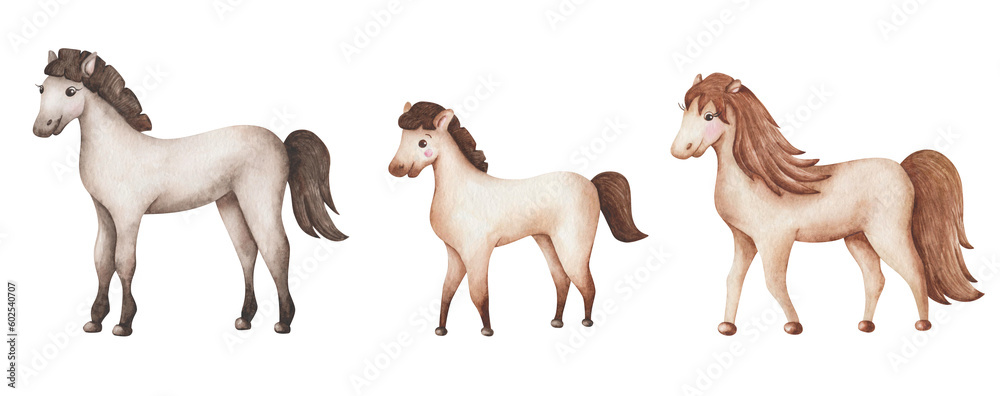 Naklejka premium Watercolor illustration. Hand painted family of horses. Herd of mare, stallion and foal. Mother, father, baby. Cartoon animals in the wild nature. Isolated clip art for posters, prints, patterns