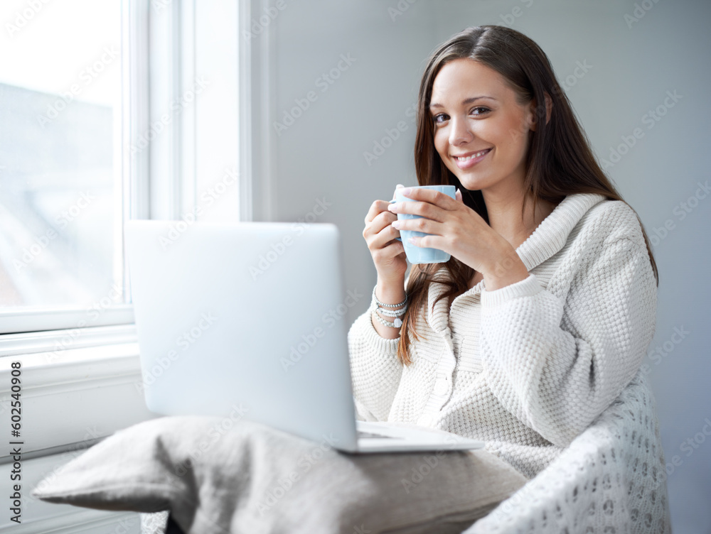Woman, coffee and happy in portrait with laptop, studying or social media in home office. Girl, student and computer with tea cup, relax and happiness for learning, education or future with smile Woman, coffee and happy in portrait with laptop, studying or social media in home office. Girl, student and computer with tea cup, relax and happiness for learning, education or future with smile