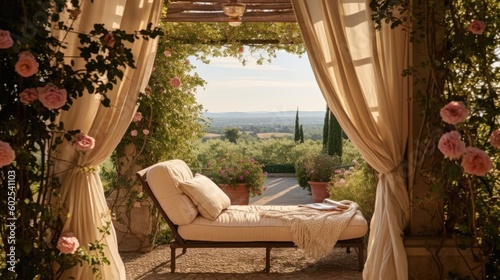Antique Chaise Lounge and Flowing Curtains, English Roses under Pergola Backdrop, Charming Garden Elegance - Generative AI Illustration