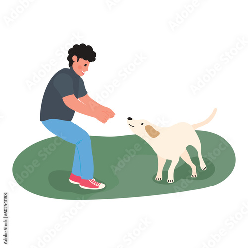 Happy owner and pet concept vector. Flat cartoon character with man playing with his dog, dog training. Animal and human illustration design for decoration, cover, website, poster.