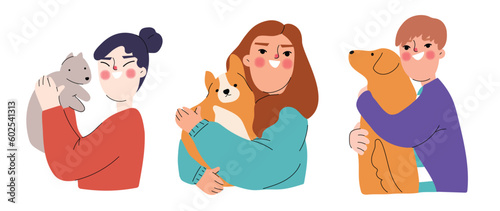 Set of Happy owner and pet concept vector. Flat cartoon characters collection with women, men hugging, hold their dogs. Dog and peoples illustration design for decoration, cover, website, poster.