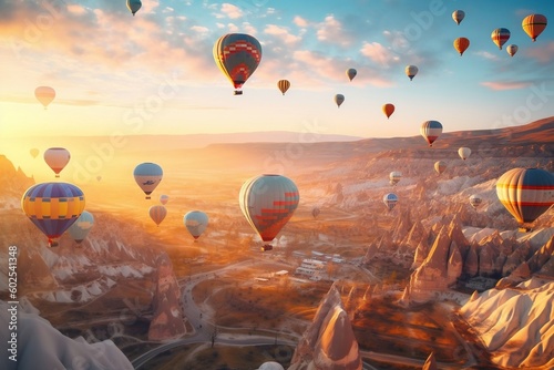 Sunset Hot Air Balloons in Cappadocia. Generative AI