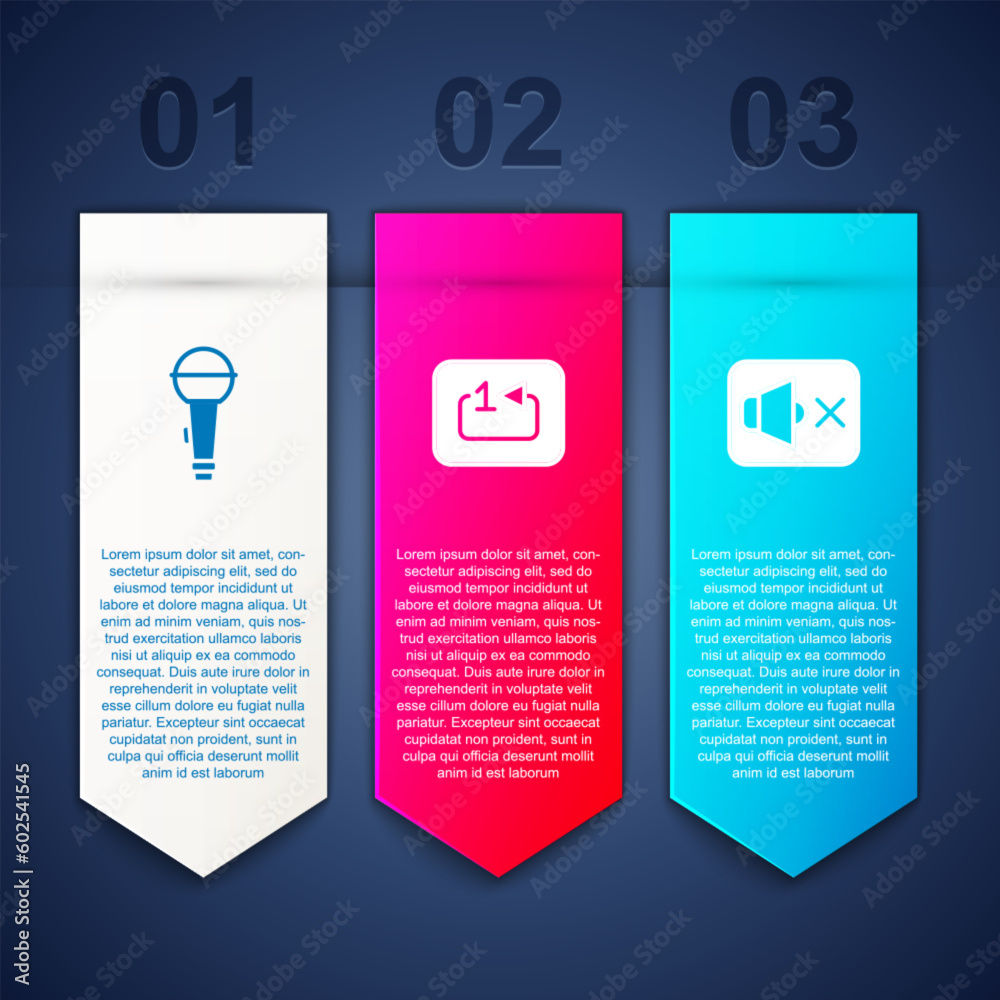 Set Microphone, Repeat track music player and Speaker mute. Business infographic template. Vector Set Microphone, Repeat track music player and Speaker mute. Business infographic template. Vector