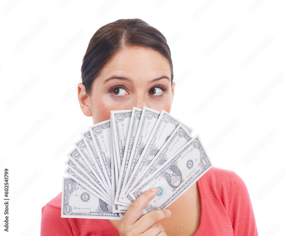 Goal, winner and finance with woman and money for investment, success and growth. Cash, dollar and wow with face of girl customer isolated on white background for financial, deal and promotion Goal, winner and finance with woman and money for investment, success and growth. Cash, dollar and wow with face of girl customer isolated on white background for financial, deal and promotion