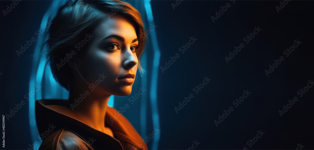 Futuristic woman illuminated with blue and orange studio light. Cyberpunk portrait style. Generative ai