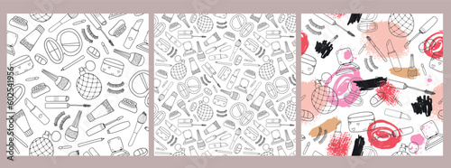 Vector set of seamless cosmetcis patterns. Make up doodle, hand drawn background. Beauty and care tools.