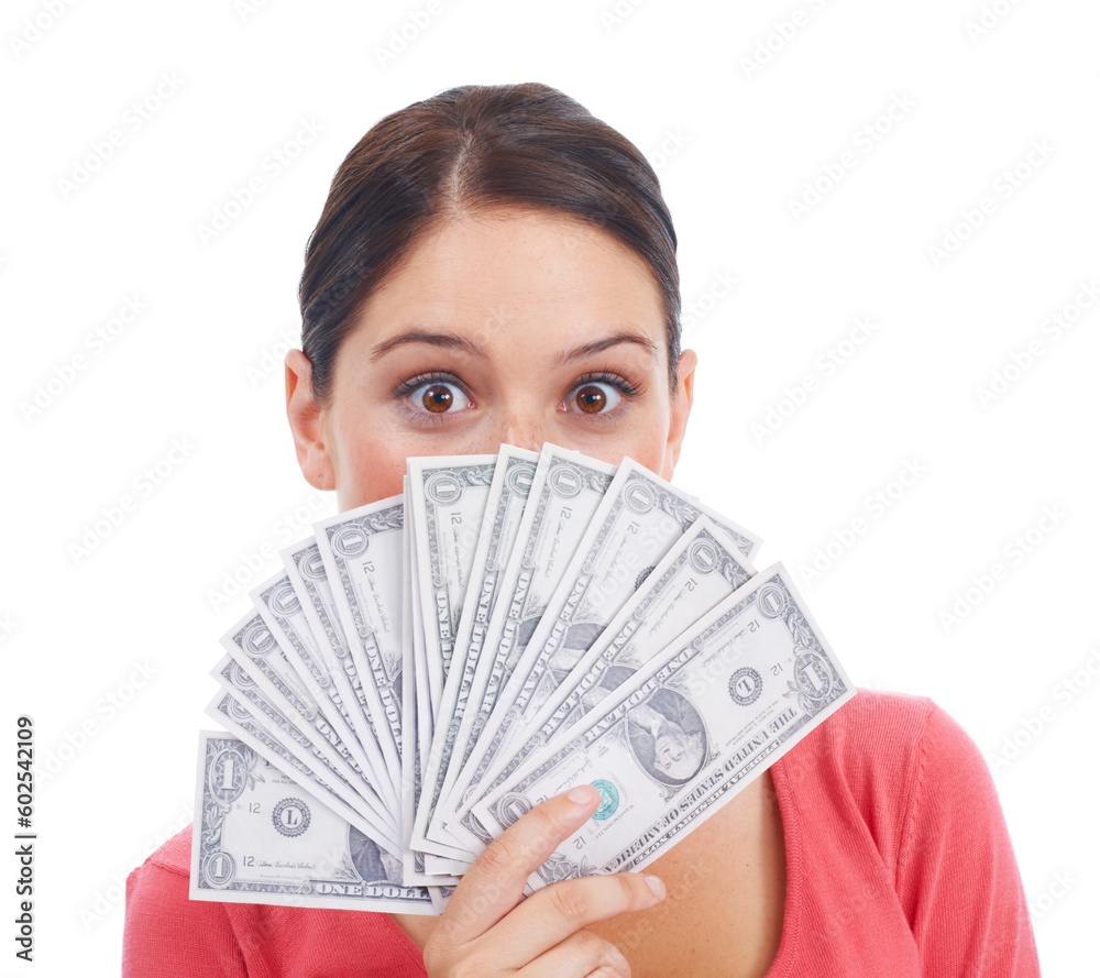 Finance, money and winner with portrait of woman for investment and success in studio. Cash, dollar and wow with face of girl customer isolated on white background for financial, deal and promotion Finance, money and winner with portrait of woman for investment and success in studio. Cash, dollar and wow with face of girl customer isolated on white background for financial, deal and promotion