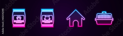 Set line Bag of food for pet, cat, Dog house and Pet carry case. Glowing neon icon. Vector