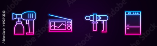 Set line Paint spray gun, Radio, Electric drill machine and Refrigerator. Glowing neon icon. Vector