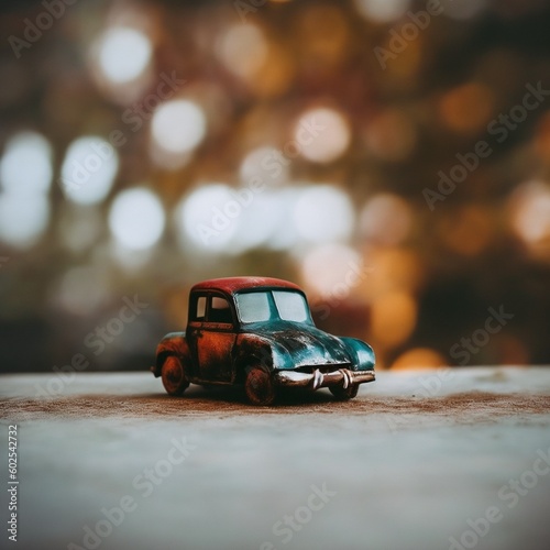 Vintage toy car on the ground in the park. Selective focus.