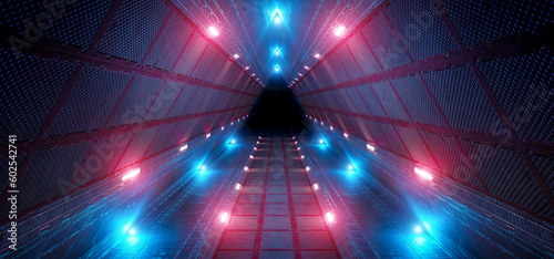 Fototapeta Naklejka Na Ścianę i Meble -  Futuristic interior corridor with blue pink neon lights walls. Triangle shaped spaceship background in space station. Pyramid style tunnel with lit path way. Cyber room with sci fi laser. 3d rendering