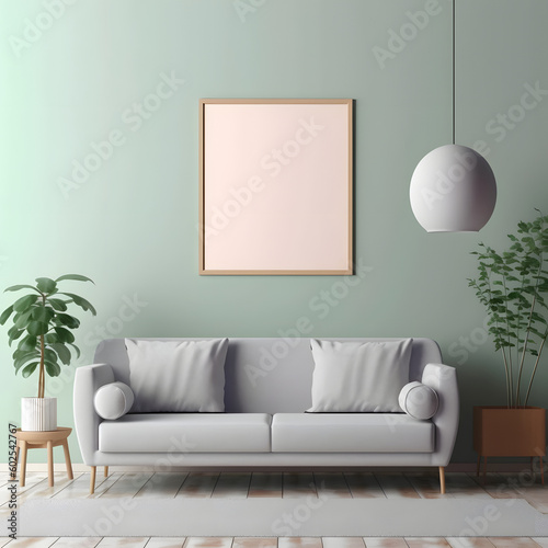 Blank picture frame mockup hanging on a pastel green wall. Green plants and a lamp hanging from the ceiling. White couch underneath the wooden frame. 
