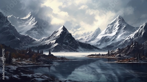 a fantastic view of a snow-capped mountain range with a lake surrounded by snow-capped mountains and a cloudy sky in the background. Generative AI