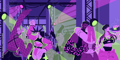 Techno rave party. Young modern cool people dancing at disco, night club with electronic music. Trendy sexy men and women youth, public nightlife in fashion nightclub. Flat vector illustration