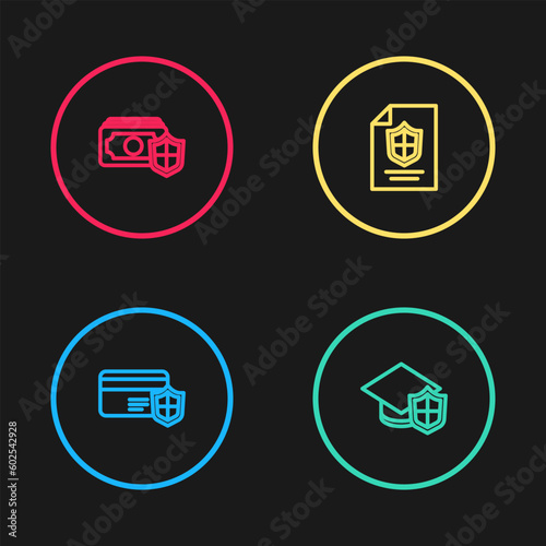 Set line Credit card with shield, Graduation cap, Contract and Money icon. Vector
