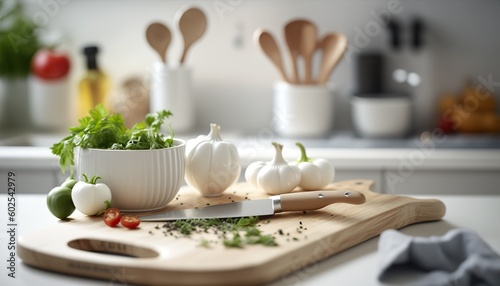 Close up modern kitchen table with cutting or chopping board  vegetables and knife. Indoor background with selective focus. AI generative image.