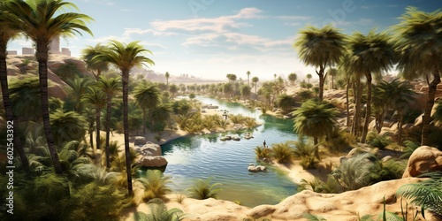 Tropical landscape with palm trees and a lake, a 3D render scene realized with Generative AI © CreativeCanvas