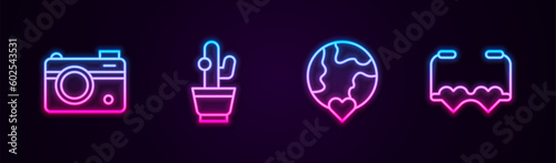 Set line Photo camera, Cactus, The heart world - love and Heart shaped glasses. Glowing neon icon. Vector