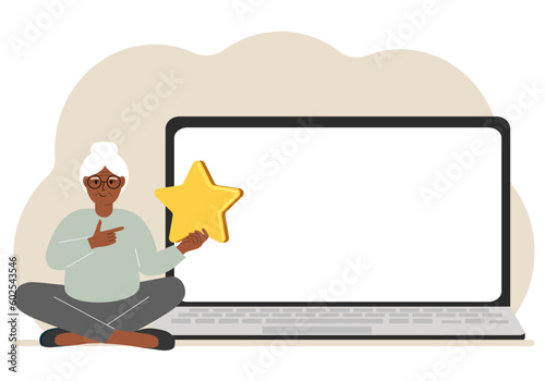 Online feedback, customer experience, user satisfaction concept. Woman giving star rating online using laptop. Positive feedback, business survey.