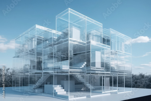 House or structure with a lot of glass. Building form of the future, generative Ai