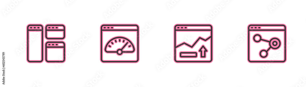 Set line Browser window, Financial growth increase, Digital speed meter and icon. Vector