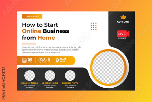 Invitation web banner to the online conference. Business webinar invitation design. Announcement poster concept. Modern abstract White background with place for photos