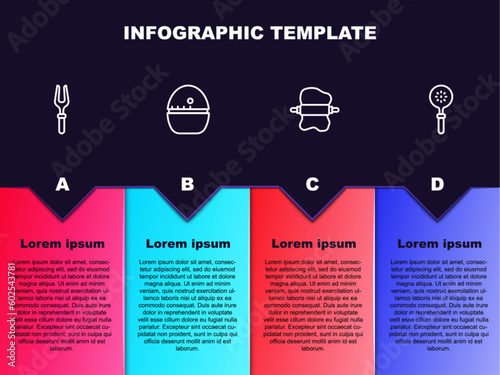 Set line Barbecue fork, Kitchen timer, Rolling pin on dough and Spatula. Business infographic template. Vector