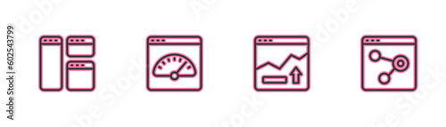 Set line Browser window, Financial growth increase, Digital speed meter and icon. Vector