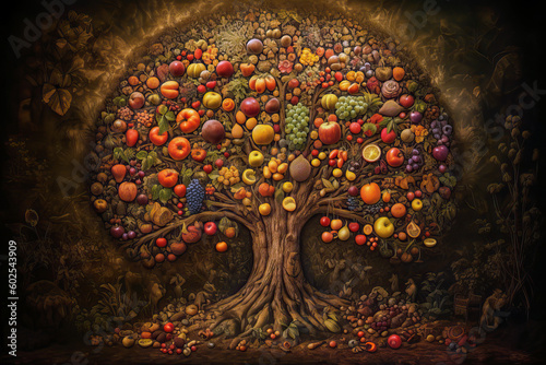Tree of life with different kinds of fruits like apples, pears, cherries, plums, peach, persimmon fruit, dark brown, realistic painting, Generative AI photo
