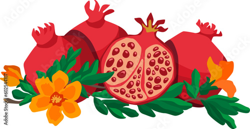 Flat style four whole pomegranate fruits with leaves and flowers on white background