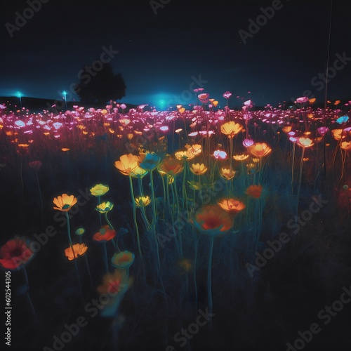 Glowing flowers at night on a field created with AI photo