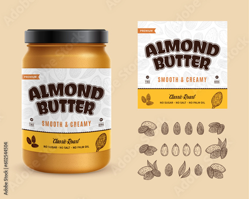 Almond butter label. Realistic glass jar mockup. Hand-drawn almond seeds and shells illustrations