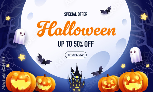 ハロウィンの月とカボチャのベクターイラストの背景。セールのためのバナーやポスターに。